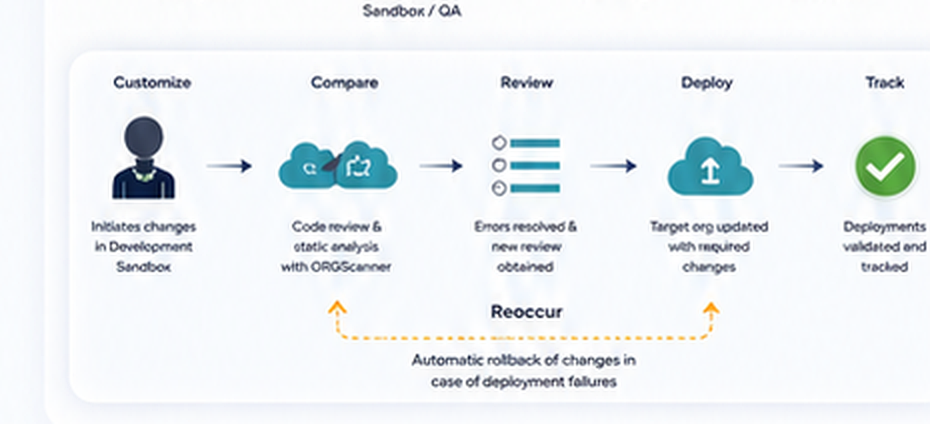 A deployment flow from development through production with comparison, review and tracking